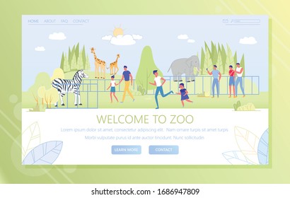 Welcome To Zoo, Visitors and Animals, Vector. People Walk in Park which Zoo is Located. Wild Animals Stand in Aviaries, Men and Women Examine Them. Father and Daughter Run to Aviary with Zebra.