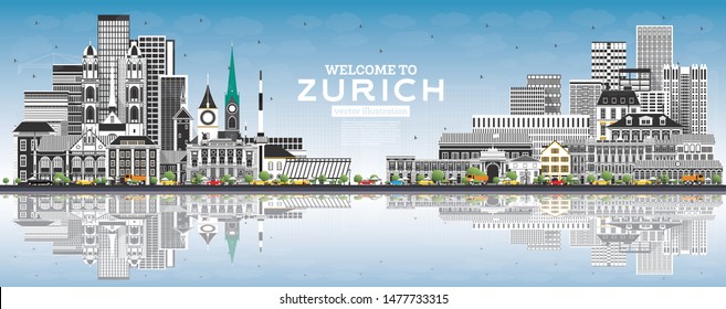 Welcome to Zurich Switzerland Skyline with Gray Buildings, Blue Sky and Reflections. Vector Illustration. Tourism Concept with Historic Architecture. Zurich Cityscape with Landmarks.
