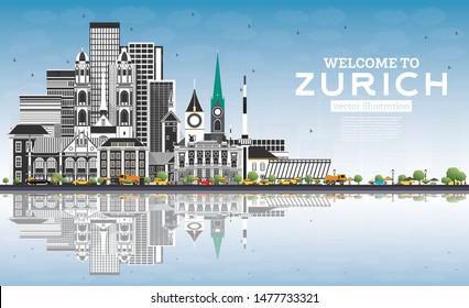 Welcome to Zurich Switzerland Skyline with Gray Buildings, Blue Sky and Reflections. Vector Illustration. Tourism Concept with Historic Architecture. Zurich Cityscape with Landmarks.