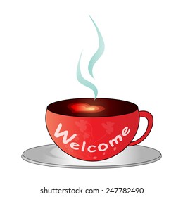 Welcome-Cup of coffee with welcome word on a white background -Vector illustration