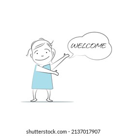 Welcome.Speech Bubble-Charakter.
Doodle-Stil-Charakter. Eine Illustration von einfachen menschlichen Bewegungen und Emotionen.