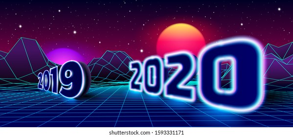 Welcoming 2020 neon sign and farewell 2019 for New Years Eve celebration with 80s styled arcade game grid landscape and purple sun