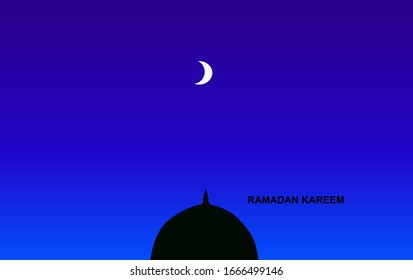 Welcoming the beautiful month of Ramadan with the moon and blue sky plus a black dome