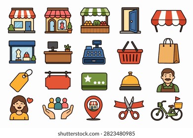 A welcoming collection of 20 local retail and storefront icons for independent shops, community markets, neighborhood commerce, promotions, customer service, and Small Business campaigns across print, web, signage, and social media.