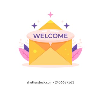 welcoming concept. Welcome email to new members and subscribers. illustration of an envelope containing a letter that says welcome. greeting card. illustration concept design. graphic elements