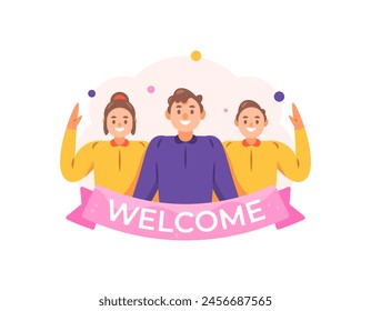 welcoming concept. Welcome greetings to new team members, new employees and new customers. illustration of a team or group with a welcome banner. community. illustration concept design. graphic