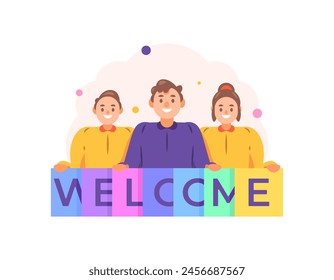 welcoming concept. Welcome greetings to new team members, new employees and new customers. illustration of a team or group with a welcome banner. community. illustration concept design. graphic