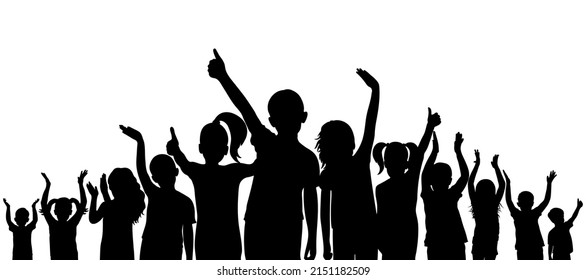 Welcoming crowd of children, silhouette. Preschool people with raised hands. Vector illustration