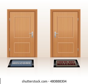 WELCOMING CULTURE - symbolically depicted with two doormats saying WELCOME and YOU'RE NOT WELCOME as a symbol for hospitality and rejection. Vector illustration.