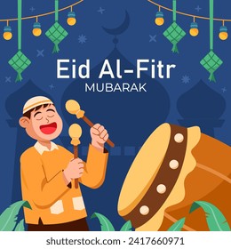 Welcoming eid al fitr by playing drum.