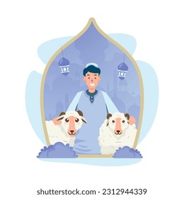 Welcoming Eid al-Adha with Muslims and sheep illustration