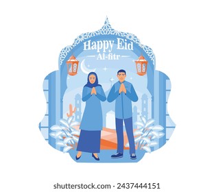 Welcoming Eid al-Fitr. Muslim couples say Eid al-Fitr greetings decorated with lanterns and ornamental plants. Happy Eid Mubarak concept. Flat vector illustration.