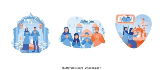 Welcoming Eid al-Fitr. Say Eid al-Fitr greetings. Muslim family makes a video call. Happy Eid Mubarak concept. Set flat vector illustration.