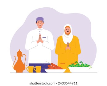 Welcoming the eid by preparing typical food, vector illustration.