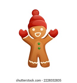 Welcoming Funny Gingerbread Man Clipart. Christmas Cookie Character Wear Red Knitted Beanie Hat And Gloves.