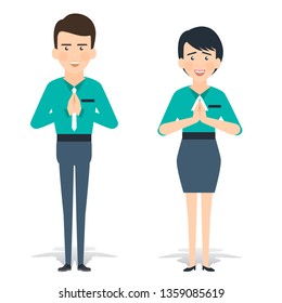 Welcoming Gesture Female And Male Asian Bank Teller Wearing Blue Uniform With White Background.