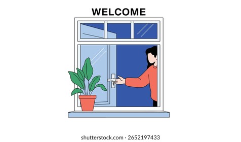 A welcoming gesture opening a door to a new home accompanied by a potted plant on the windowsill creating a warm inviting atmosphere