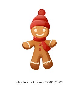 Welcoming Gingerbread Man Character Wearing Red Knitted Beanie Hat And Scarf. Funny Christmas Cookie Clipart With Sugar Icing Decorations. Traditional Sweet Xmas Ginger Biscuit.