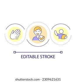 Welcoming and greeting guest loop concept icon. Behavioural etiquette abstract idea thin line illustration. Professional behavior. Isolated outline drawing. Editable stroke. Arial font used