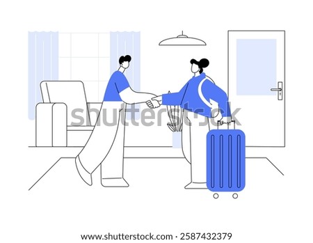 Welcoming guests isolated cartoon vector illustrations. Happy host welcoming tourist woman, hospitality business, vacation rental service, professional people, traveling vector cartoon.