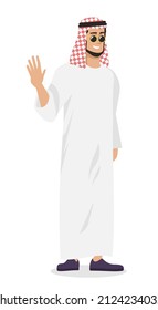 Welcoming guests semi flat RGB color vector illustration. Bearded man in thobe waving hand isolated cartoon character on white background