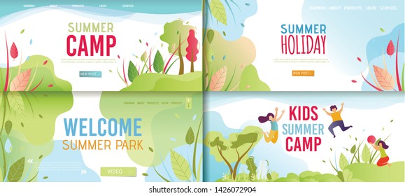 Welcoming and Invitation Cartoon Banner Promo Set. Advertising Poster Offering Rest in Park, Kids Camp. Happy Vacation. Natural Holiday and Landing Page. Vector Funny Time Flat Illustration