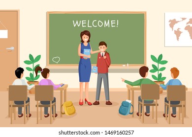 Welcoming new schoolboy vector illustration. Female teacher presents newbie to groupmates cartoon characters. Schoolmates sitting at desks, listening to teacher and pupil, student