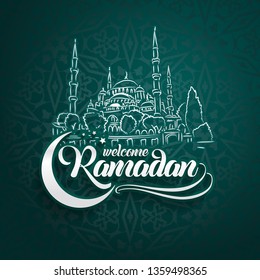 Welcoming Ramadan greeting card on eastern oriental green background.