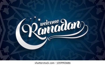 Welcoming Ramadan greeting card on eastern oriental blue background.
