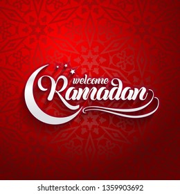 Welcoming Ramadan greeting card on eastern oriental red background.