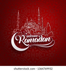 Welcoming Ramadan Greeting Card On Eastern Oriental Red Background.