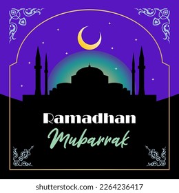 Welcoming Ramadan Mubarak with mosque silhouette frame and purple sky design. Translation Happy blessed Ramazan. Islamic greeting poster, social media. Vector illustration.
