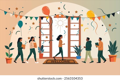 A welcoming scene for new employees, students, or guests, perfect for festivals, workshops, open houses, holidays, and parties. Highlights diversity, collaboration, positivity, and warm hospitality.