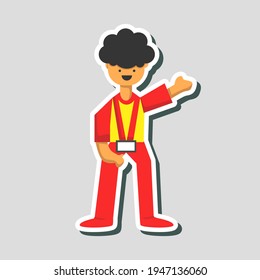 A welcoming store waiter or cashier character, flat design vector illustration