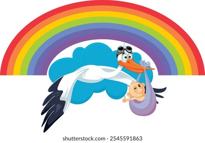 
Welcoming Stork with Rainbow Baby Vector Concept Illustration. Happy family welcoming a healthy child after losing hope
