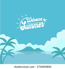 Welcoming Summer vector concept with palm tree and mountains