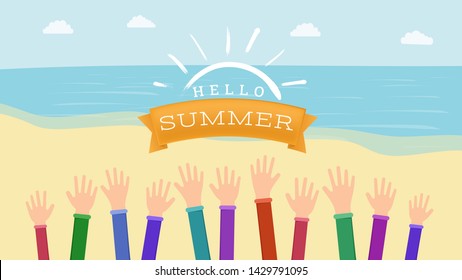 Welcoming summertime flat vector banner template. Raised hands with greeting warm season gesture. Hello summer inscription on golden ribbon with white brush stroke sun symbol, children camp logo