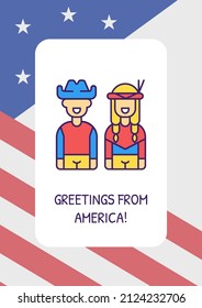 Welcoming to USA greeting card with color icon element. Historical heritage. Postcard vector design. Decorative flyer with creative illustration. Notecard with congratulatory message