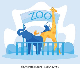 Welcoming to Zoo Poster with Cute Wild Animals and Bird. Flat Invitation Banner with Natural Design. Giraffe with Monkey on Back, Elephant with Parrot on Neck. Vector Cartoon Illustration