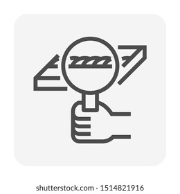 Weld inspection or check icon. Consist of workpiece, welding fillet and magnifying glass tool. That is method to visual check or assure quality of weld and confirm the presence, location and coverage.