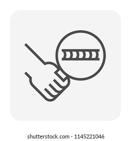 Weld Inspection Icon. Consist Of Workpiece, Welding Fillet And Magnifying Glass Tool. That Is Method To Visual Check Or Assure Quality Of Weld And Confirm Presence, Location And Coverage. 64x64 Pixel.