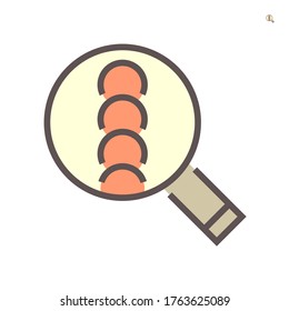 Weld inspection icon. Consist of workpiece, welding fillet and magnifying glass tool. That is method to visual check or assure quality of weld and confirm presence, location and coverage. 64x64 pixel.