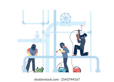 Proceso de soldadura de tuberías. Los soldadores protegen las máscaras que trabajan con tuberías. Reparación de Profesionales, especialistas en soldadura en uniforme. Trabajadores del Industrial en la escena reciente del Vector