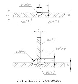 Weld. Scheme of two parts welding . Vector illustration.  Types of welding - tee and butt. Technical drawing.