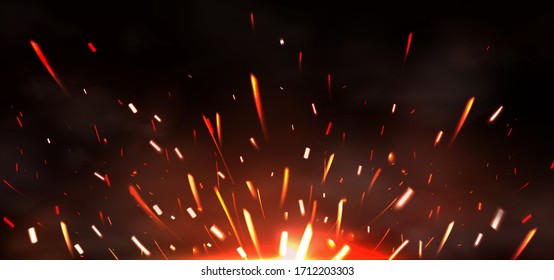 Weld sparks isolated on black background. Vector realistic flare effect of metal welding or blacksmith works. Flying glowing particles and smoke of industrial works with steel or burning fire