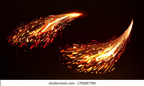 Weld sparks isolated on dark background. Vector realistic flare effect of metal welding, iron cutting, grinder works. Set of light flashes of industrial works with steel, sparking torch or fireworks