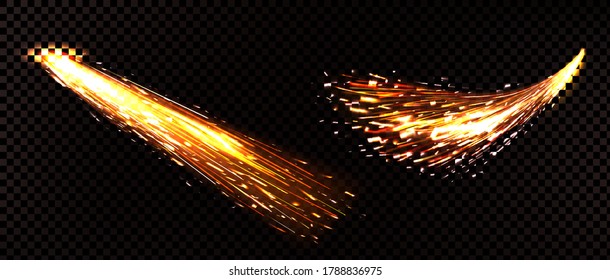 Weld sparks isolated on transparent background. Vector realistic flare effect of metal welding, grinder works, iron cutting. Set of light flashes of industrial works with steel, sparking torch