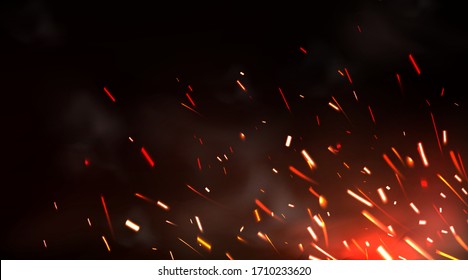 Weld sparks or metal cutting blade work background. Realistic firework, petard flare or steaming campfire. Bright light of electric circular saw, flying sparkling scintilla on black 3d vector backdrop