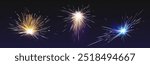 Weld starburst fire and spark effect on dark background. Flare from work of electric welding machine for metal surface. Realistic 3d vector set of sparkler circular flame with flying lightnings.