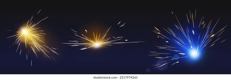 Weld starburst fire and spark effect on dark background. Flare from work of electric welding machine for metal surface. Realistic 3d vector set of sparkler circular flame with flying lightnings.